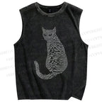 Unisex Line Cat Printed Washed Tank Top