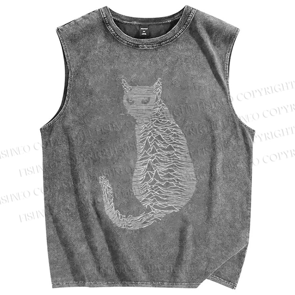 Unisex Line Cat Printed Washed Tank Top