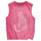 Unisex Line Cat Printed Washed Tank Top