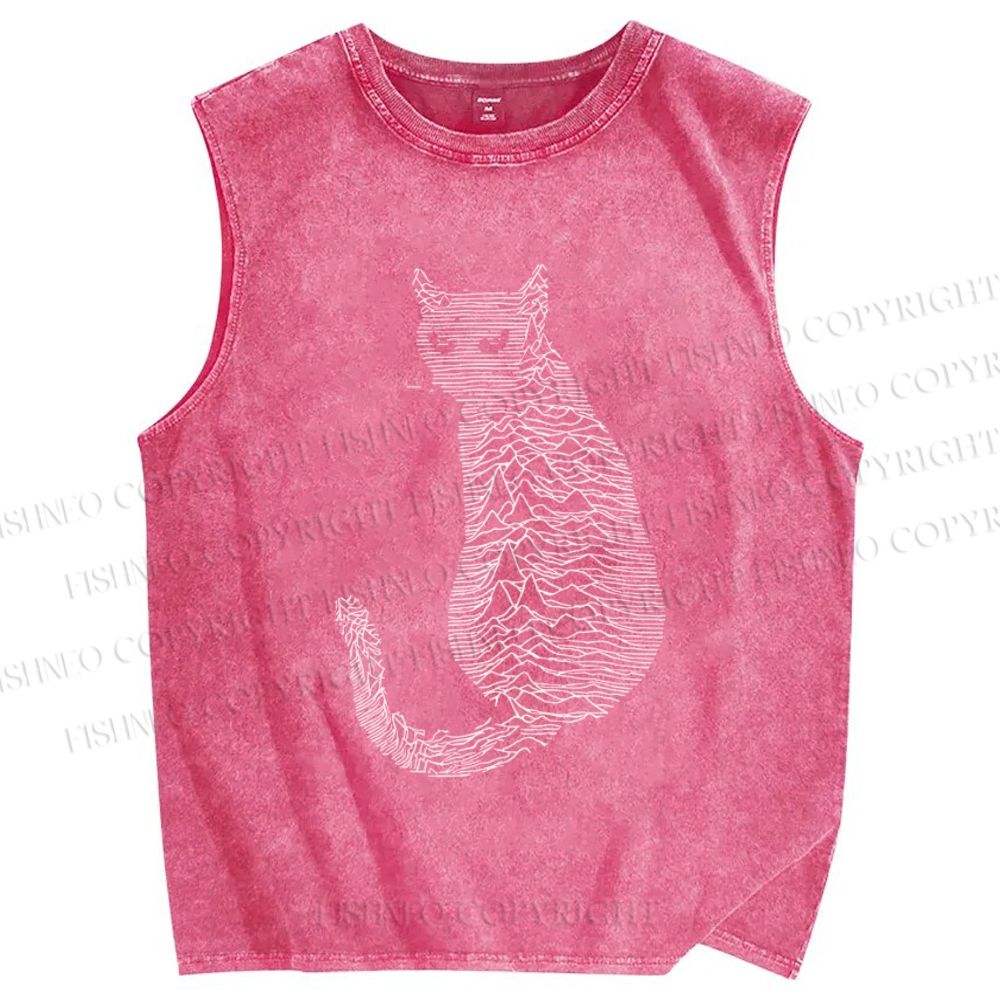 Unisex Line Cat Printed Washed Tank Top