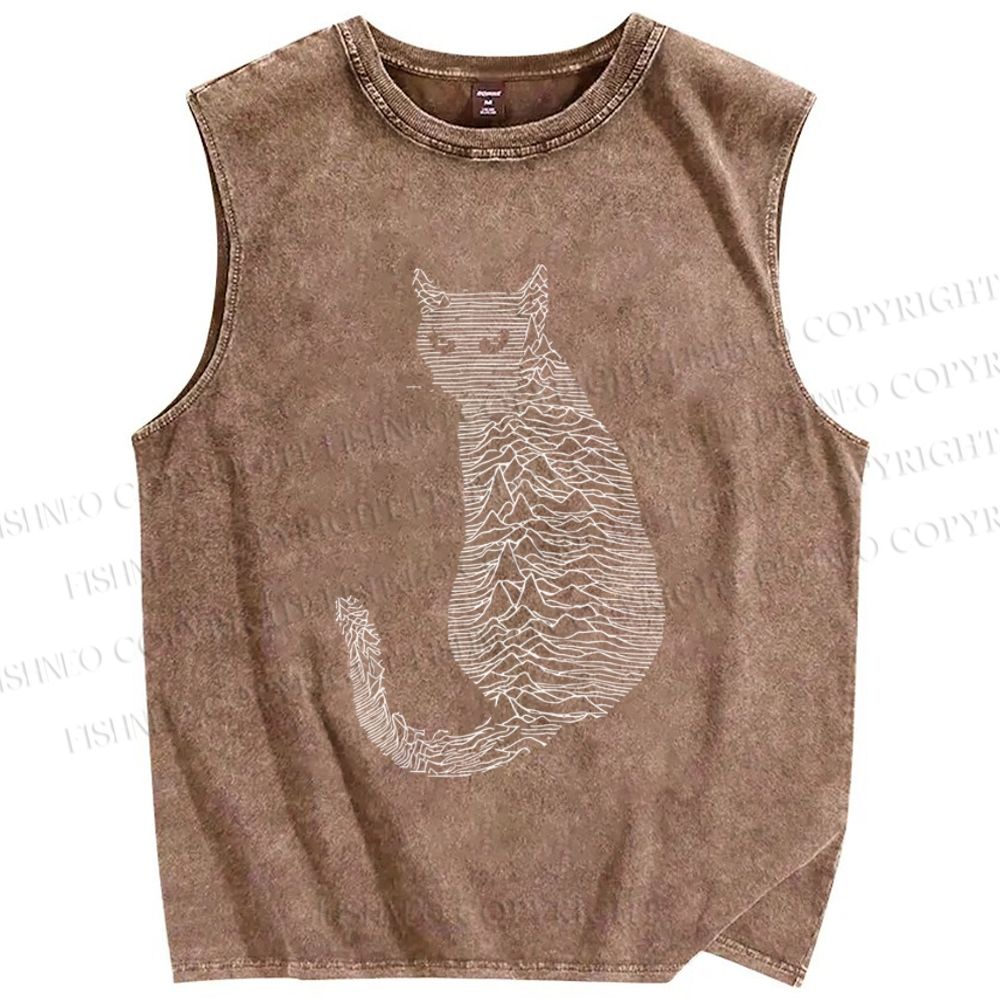 Unisex Line Cat Printed Washed Tank Top