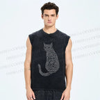Unisex Line Cat Printed Washed Tank Top