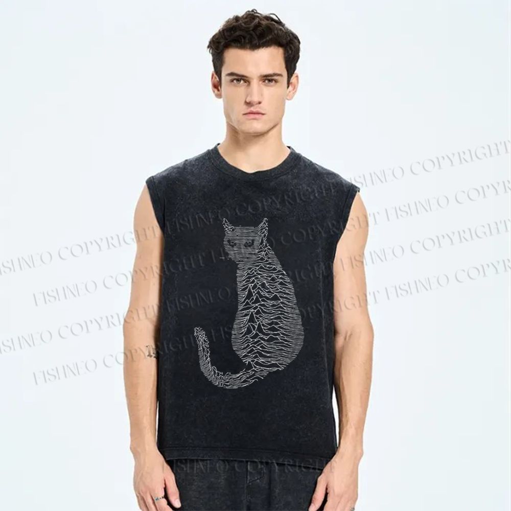 Unisex Line Cat Printed Washed Tank Top