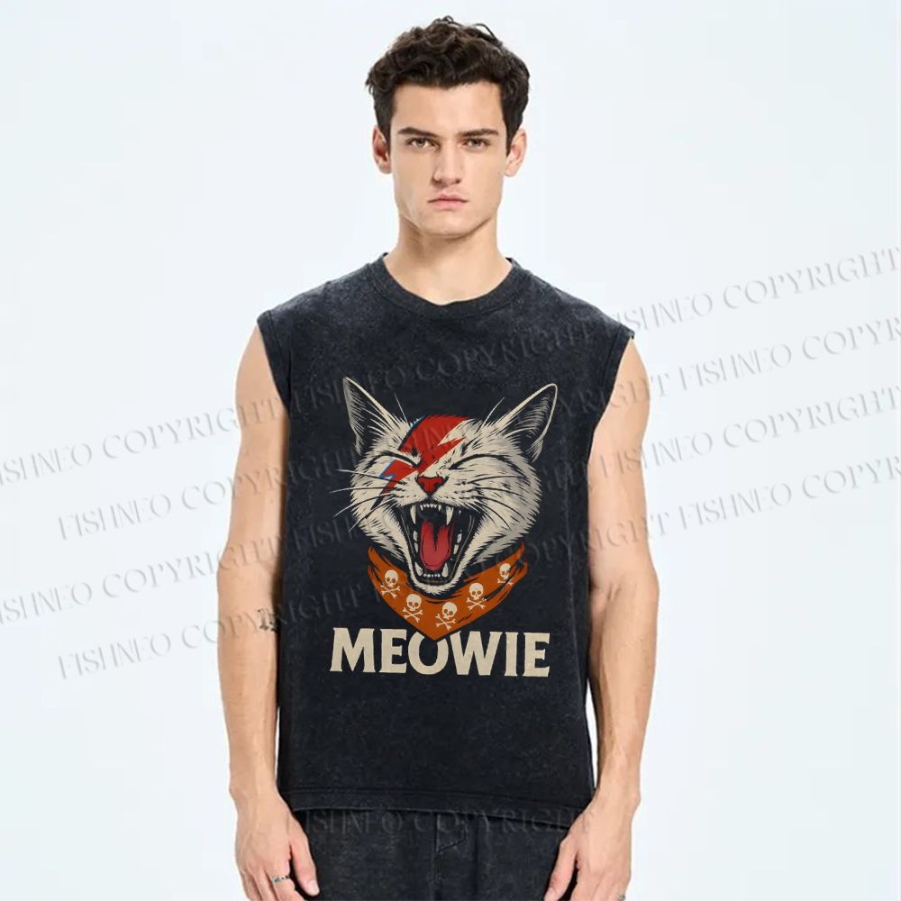 Unisex Meowie Cat Printed Washed Tank Top