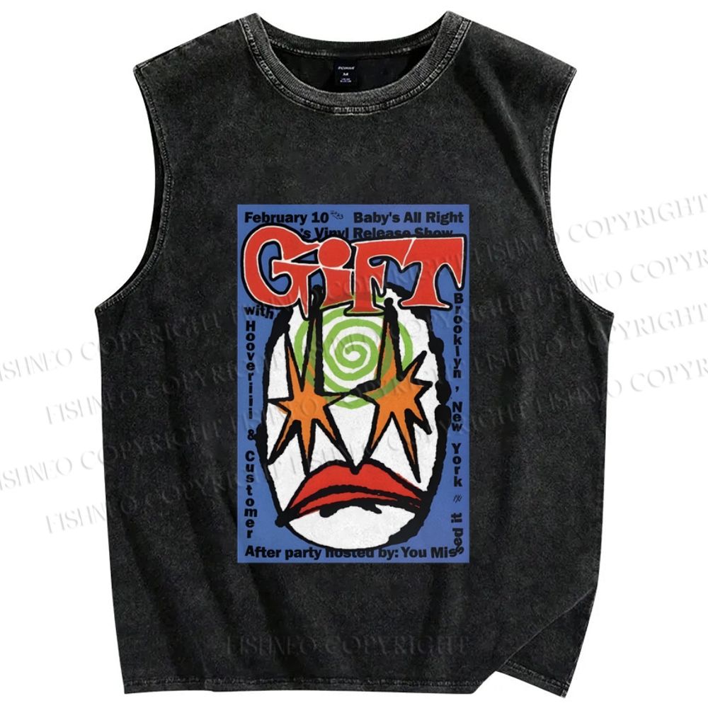 Unisex Artistic Geometric Face Printed Washed Tank Top