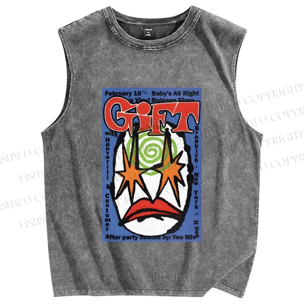 Unisex Artistic Geometric Face Printed Washed Tank Top