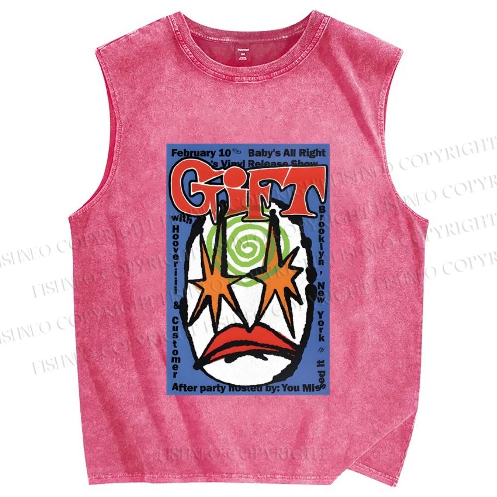Unisex Artistic Geometric Face Printed Washed Tank Top