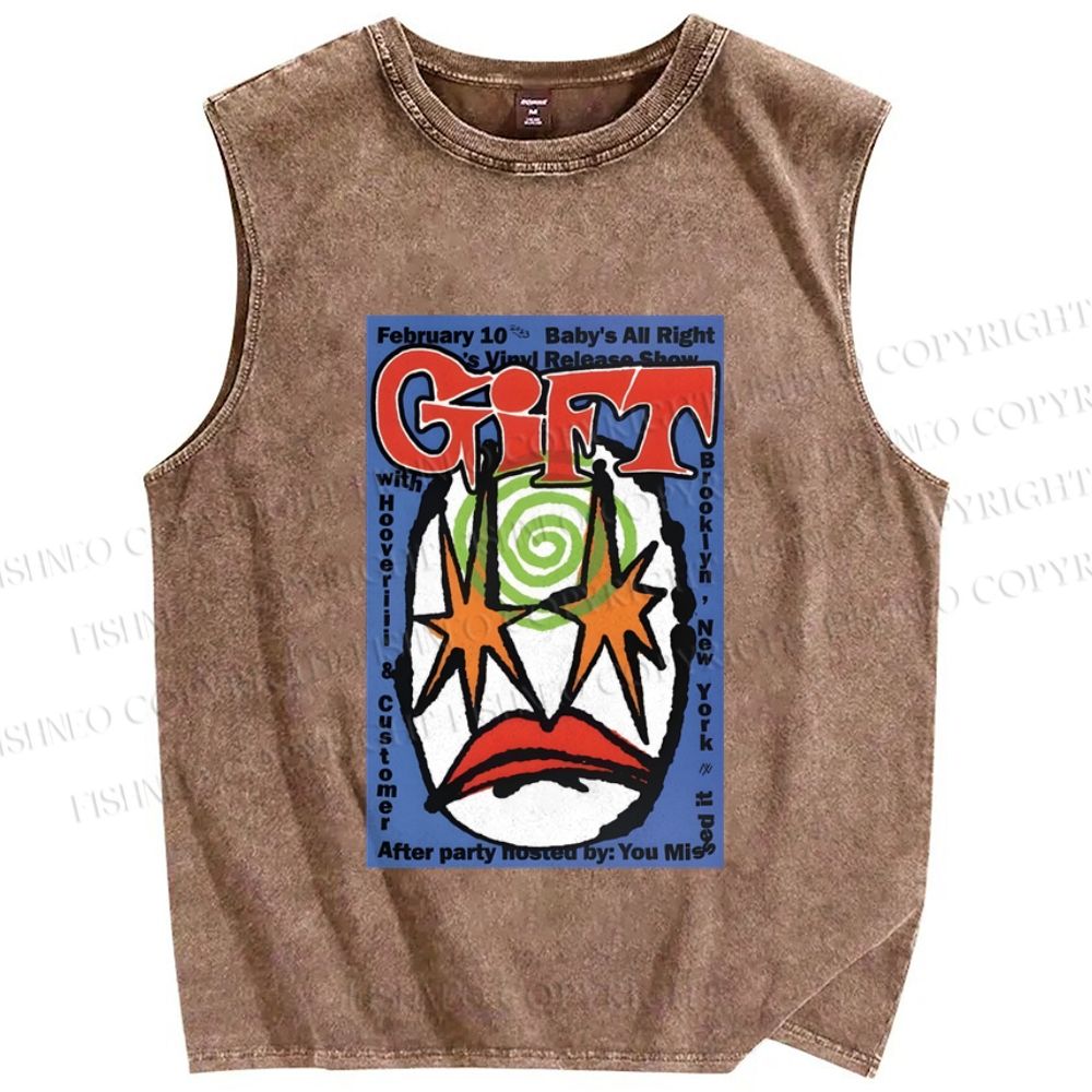 Unisex Artistic Geometric Face Printed Washed Tank Top