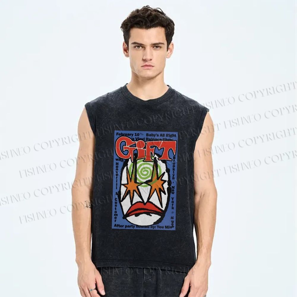 Unisex Artistic Geometric Face Printed Washed Tank Top
