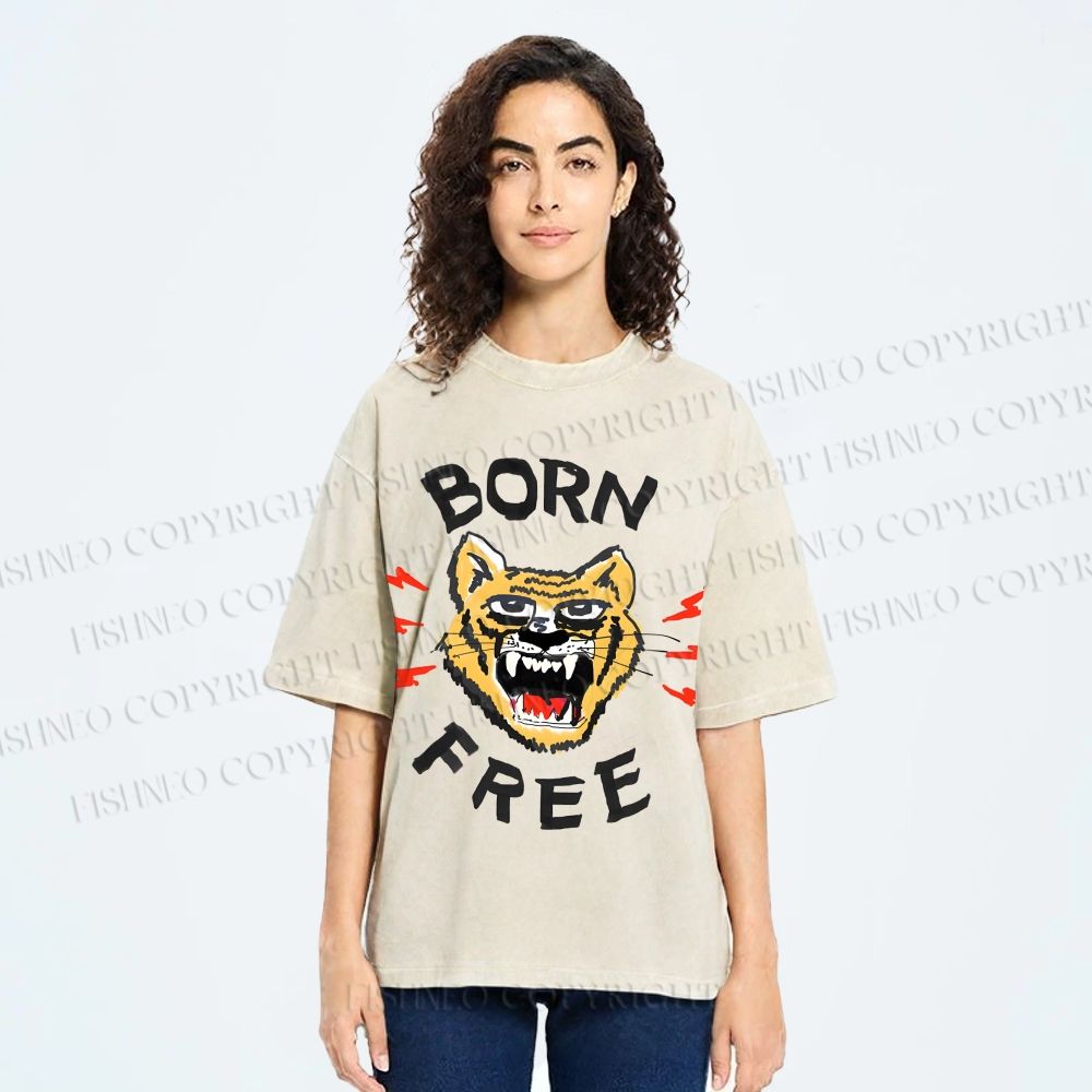 Unisex Tiger Printed Washed Tee