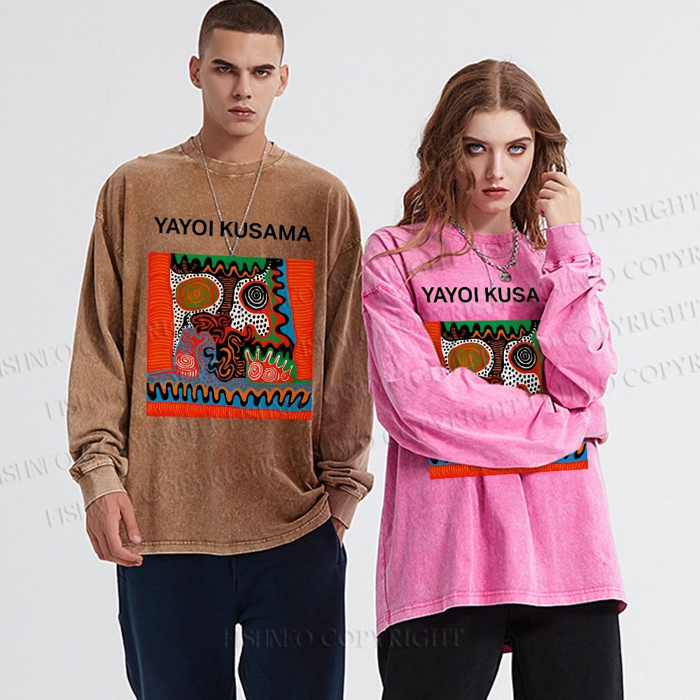 Unisex Casual Washed Yayoi Kusama Art Portraits Printed Long Sleeve T-shirt