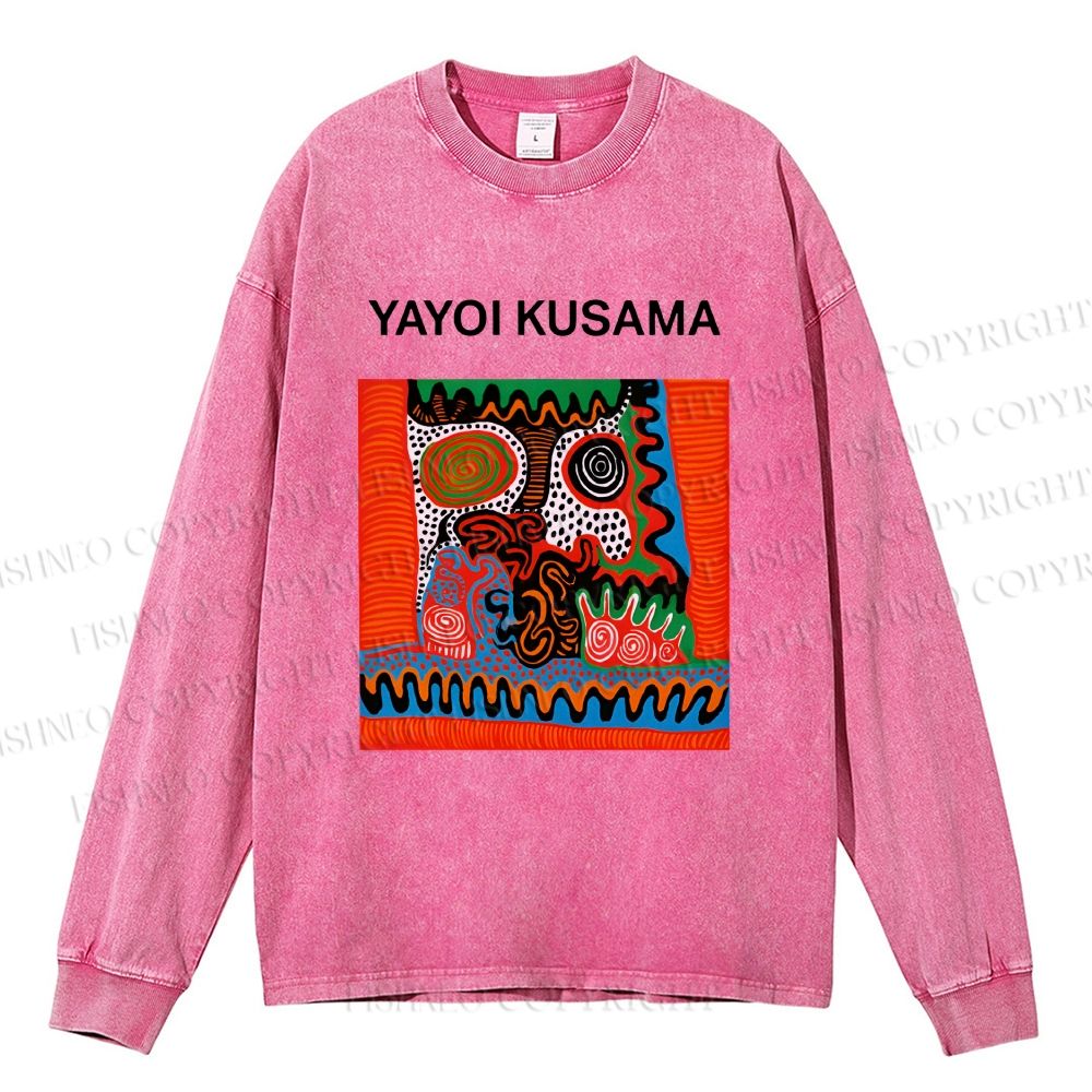 Unisex Casual Washed Yayoi Kusama Art Portraits Printed Long Sleeve T-shirt