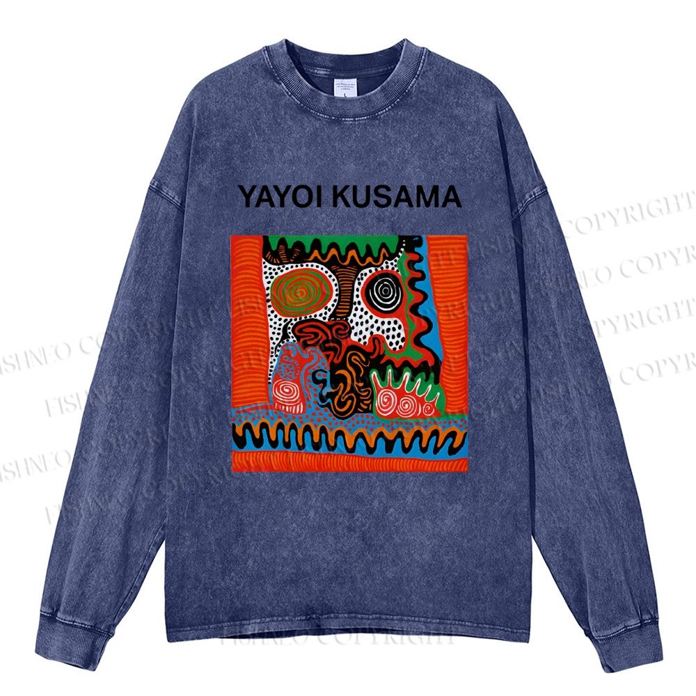 Unisex Casual Washed Yayoi Kusama Art Portraits Printed Long Sleeve T-shirt