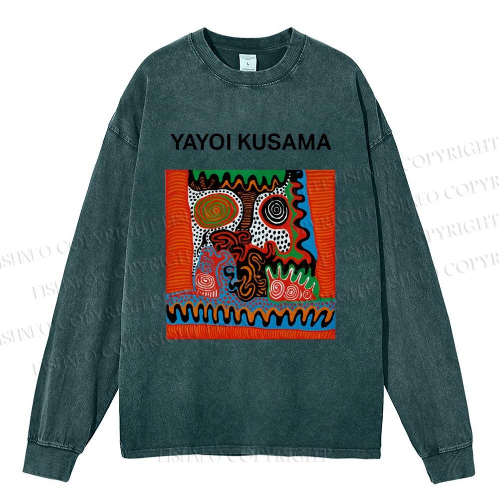 Unisex Casual Washed Yayoi Kusama Art Portraits Printed Long Sleeve T-shirt
