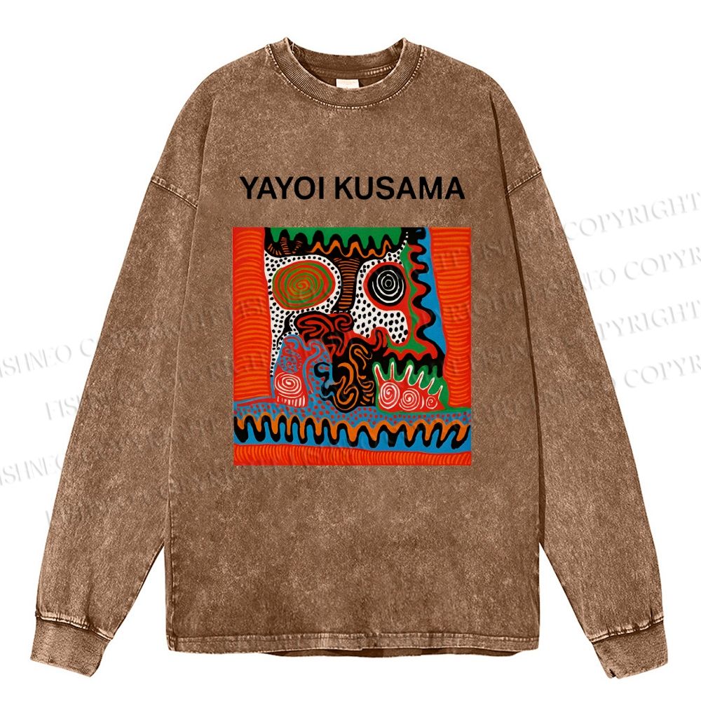 Unisex Casual Washed Yayoi Kusama Art Portraits Printed Long Sleeve T-shirt