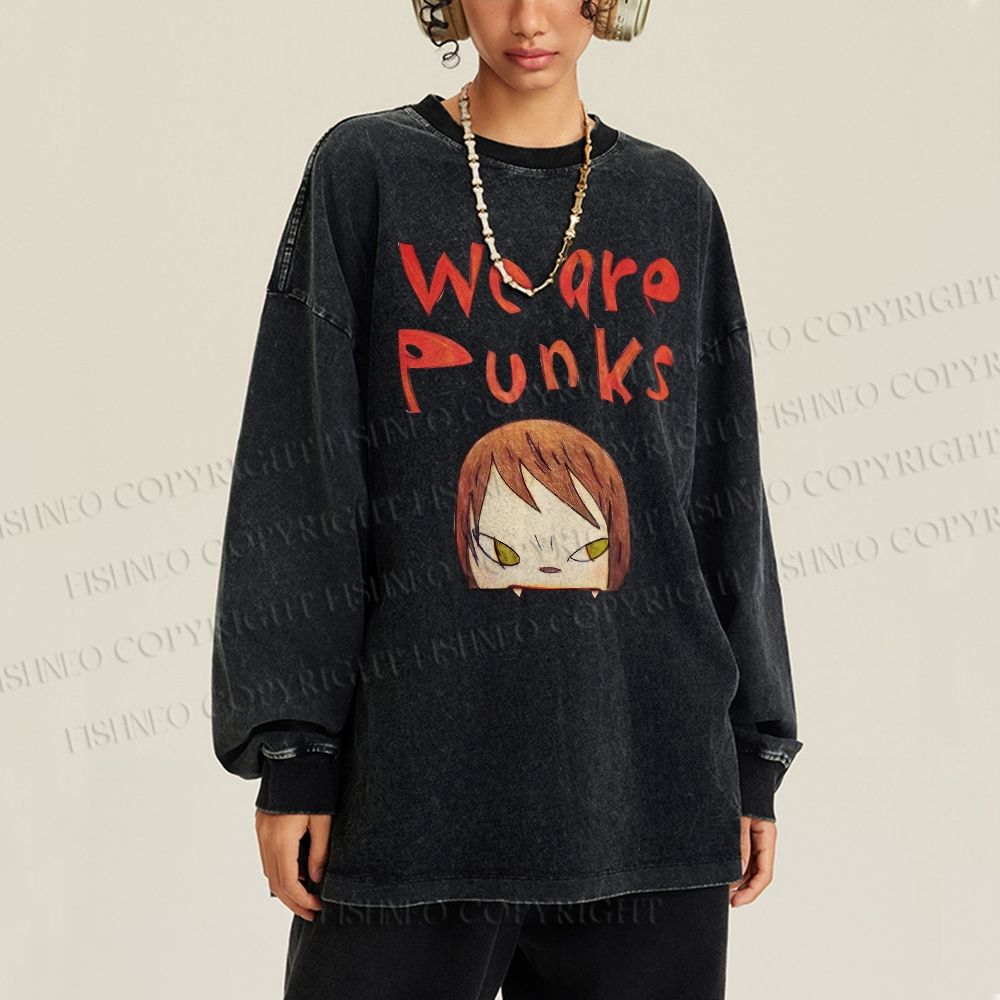 Unisex Casual Washed Yoshitomo Nara Printed Long Sleeve T-shirt