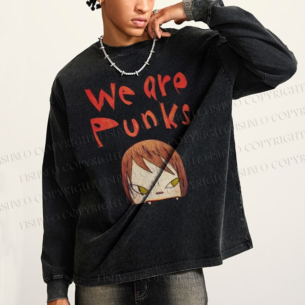 Unisex Casual Washed Yoshitomo Nara Printed Long Sleeve T-shirt