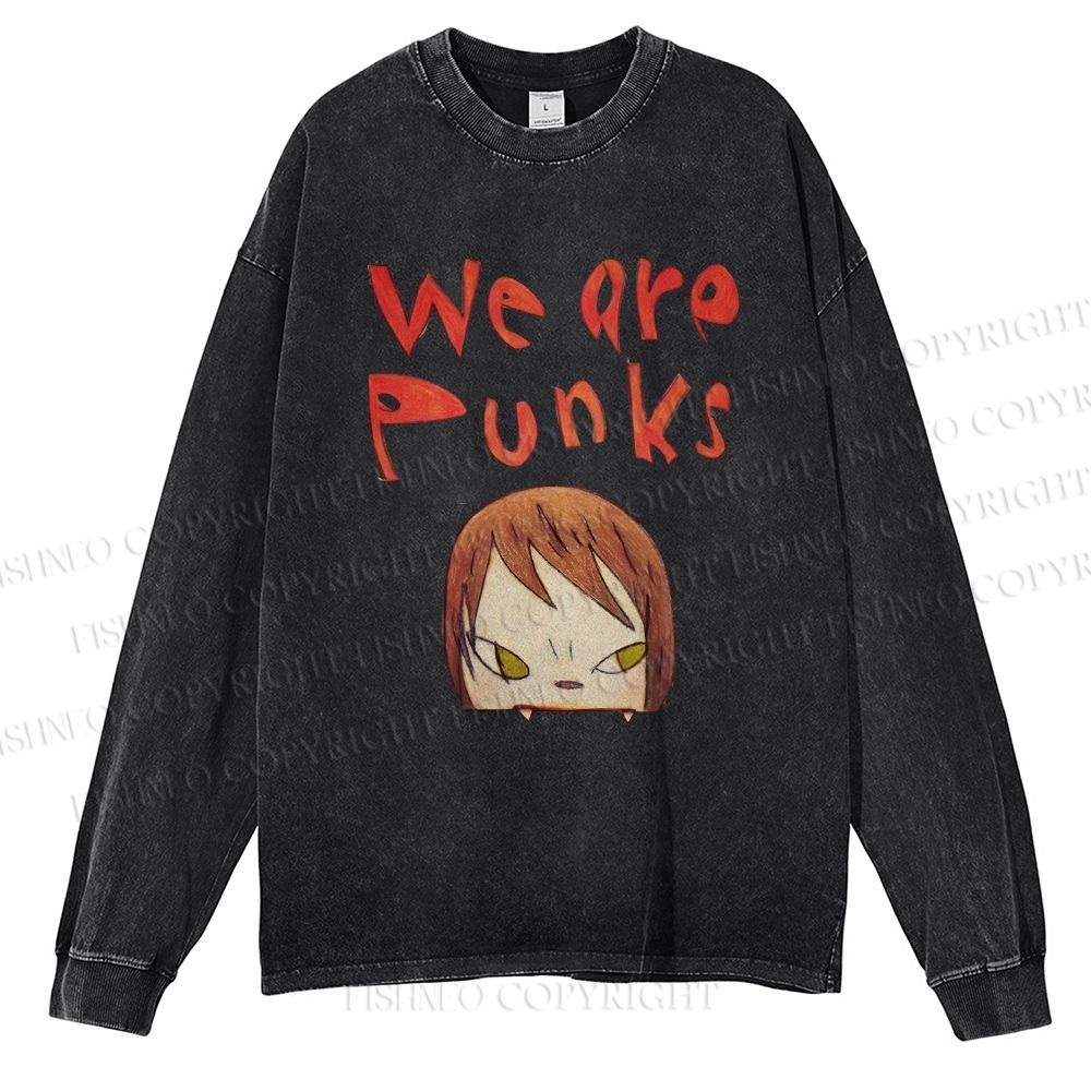 Unisex Casual Washed Yoshitomo Nara Printed Long Sleeve T-shirt