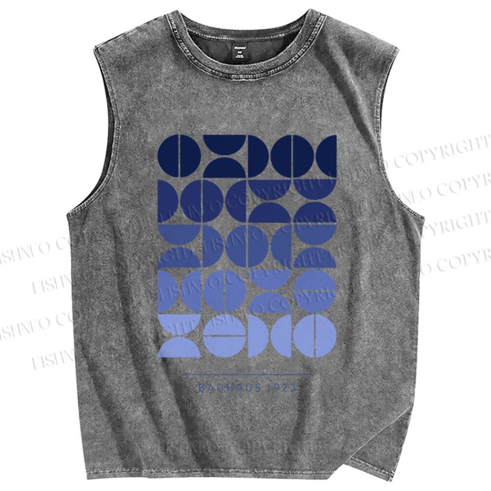 Unisex Blue Bauhaus Design Printed Washed Tank Top