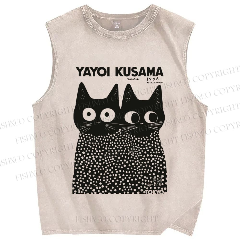 Unisex Japanese Yayoi Kusama Style Cat Printed Washed Tank Top