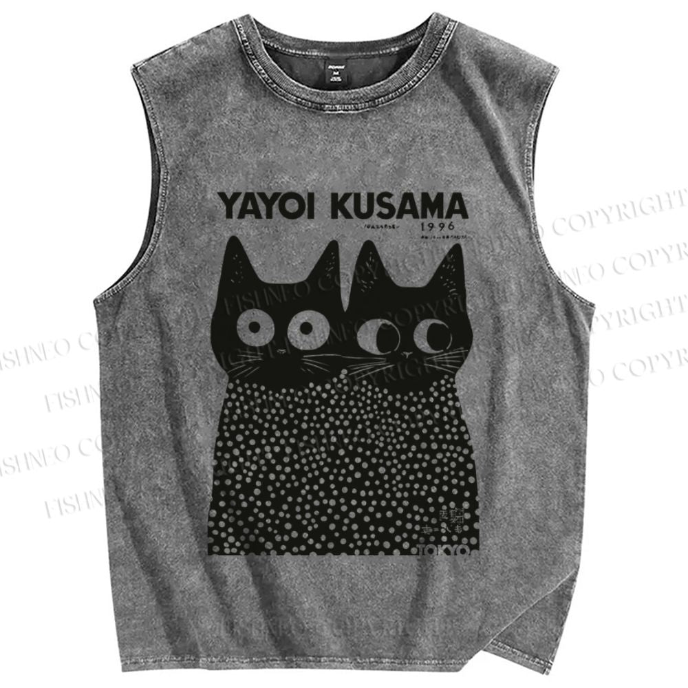 Unisex Japanese Yayoi Kusama Style Cat Printed Washed Tank Top