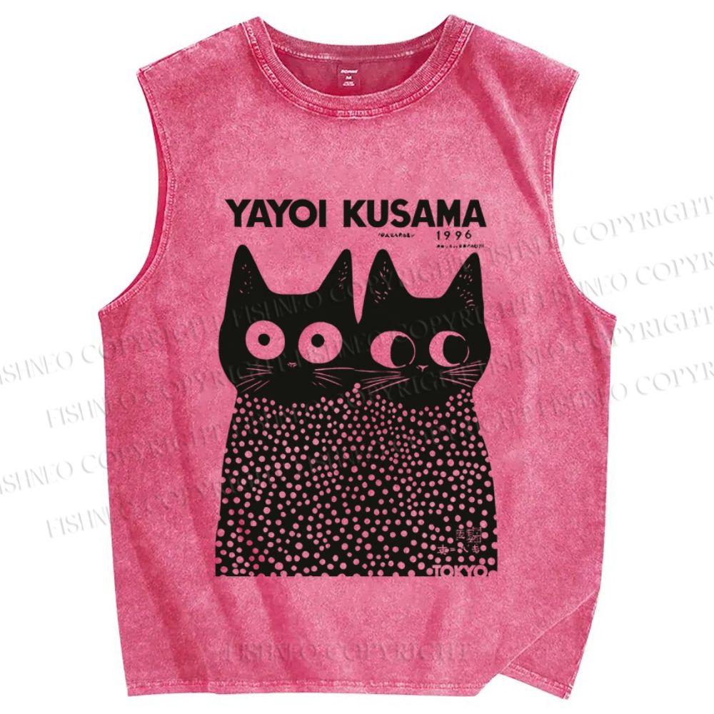 Unisex Japanese Yayoi Kusama Style Cat Printed Washed Tank Top