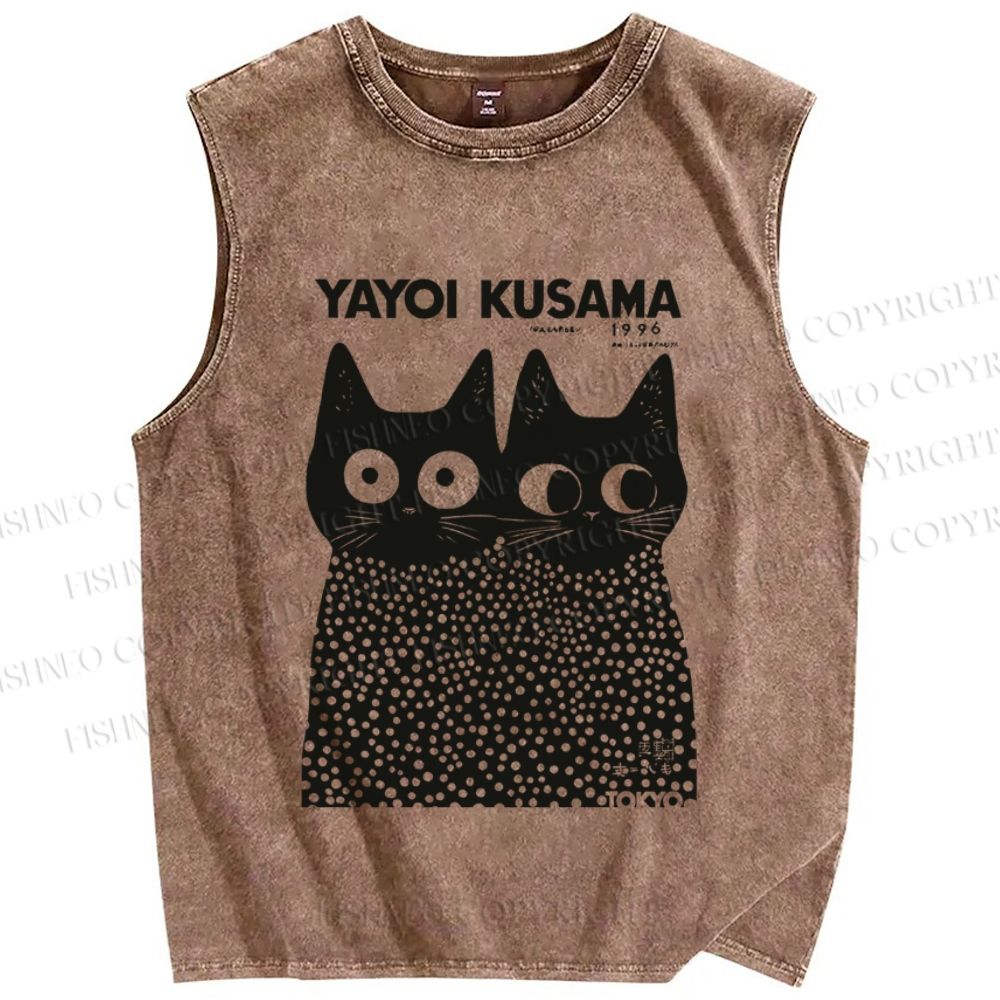 Unisex Japanese Yayoi Kusama Style Cat Printed Washed Tank Top