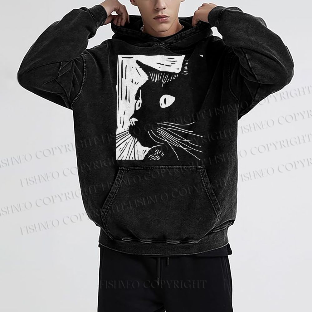 Unisex Casual Printed Vintage Cat Graffiti Washed Hoodie