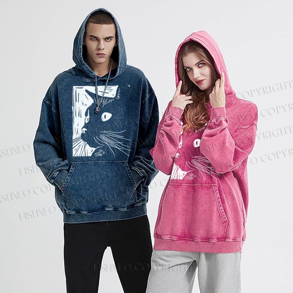 Unisex Casual Printed Vintage Cat Graffiti Washed Hoodie