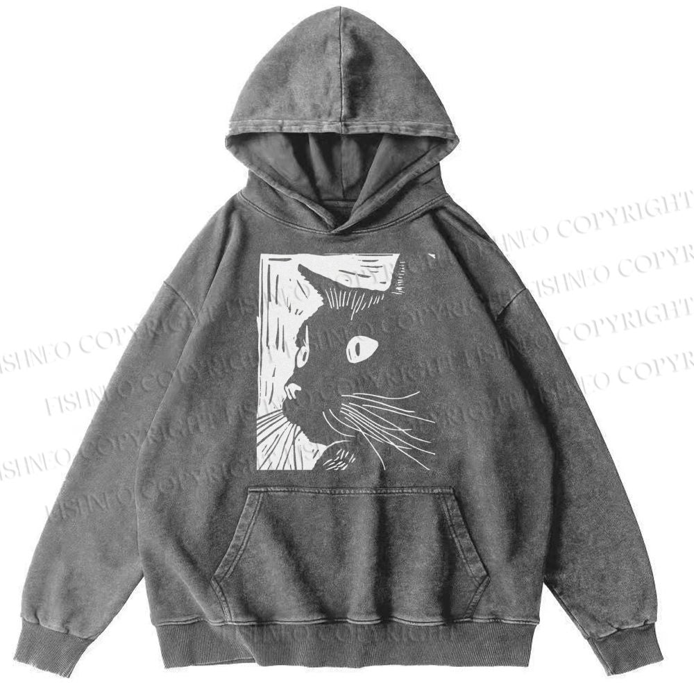 Unisex Casual Printed Vintage Cat Graffiti Washed Hoodie