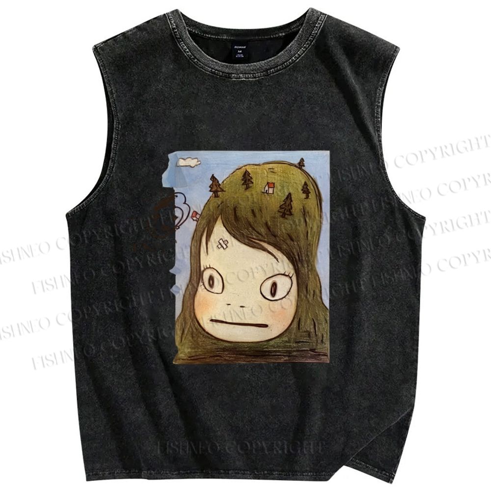 Unisex Japanese Art Yoshitomo Nara Graffiti Printed Washed Tank Top