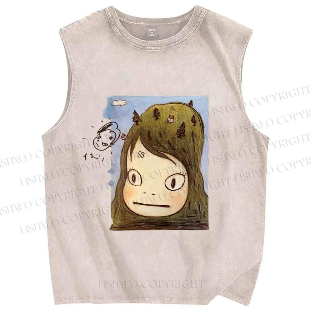 Unisex Japanese Art Yoshitomo Nara Graffiti Printed Washed Tank Top