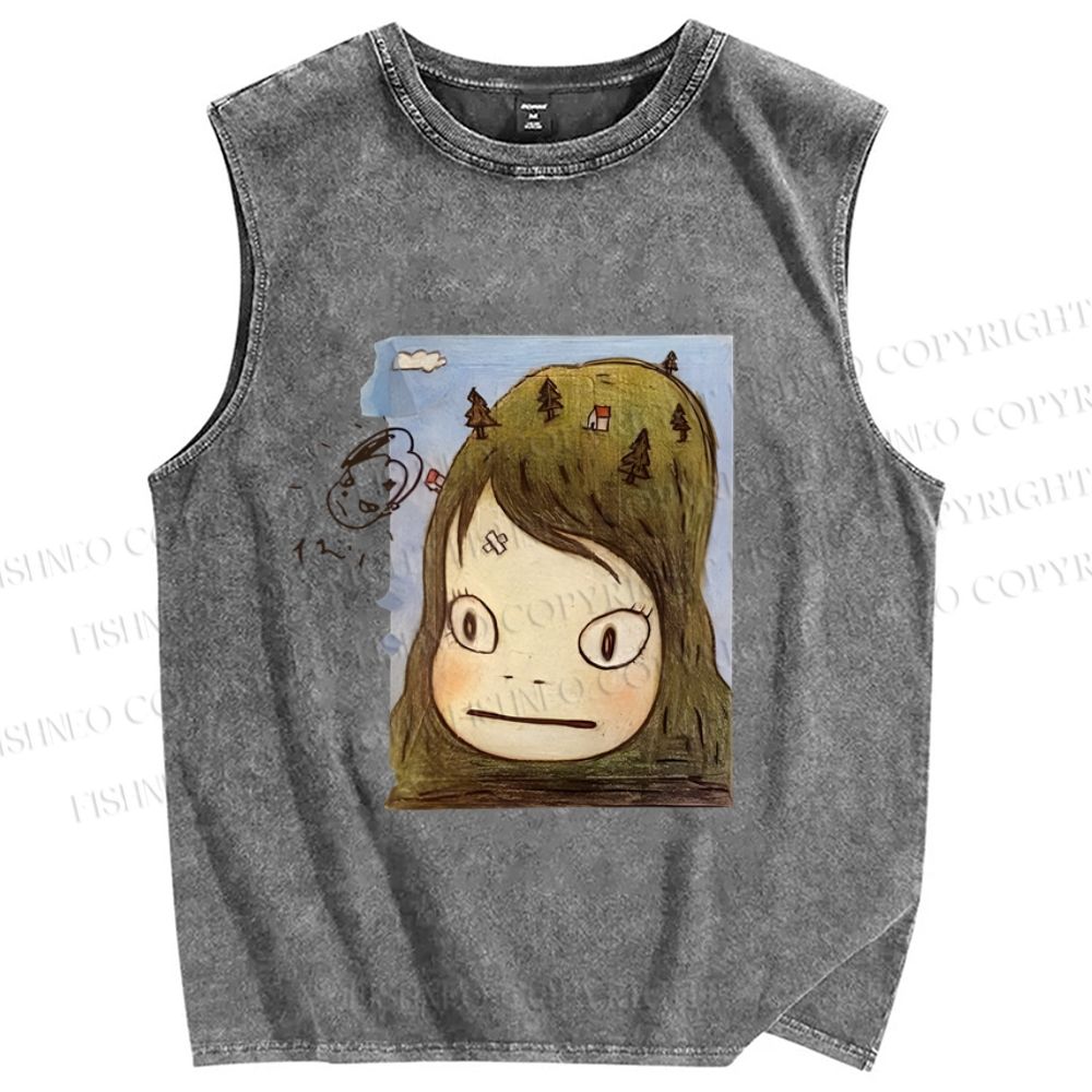 Unisex Japanese Art Yoshitomo Nara Graffiti Printed Washed Tank Top
