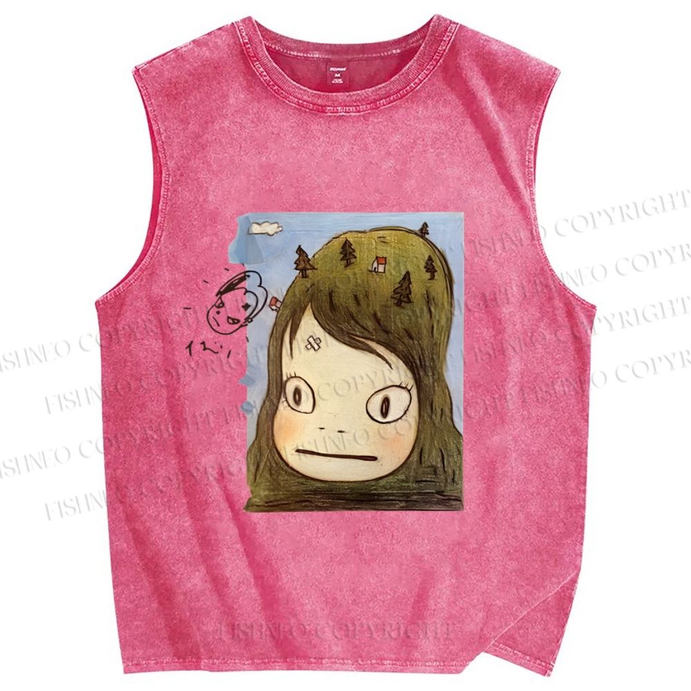 Unisex Japanese Art Yoshitomo Nara Graffiti Printed Washed Tank Top