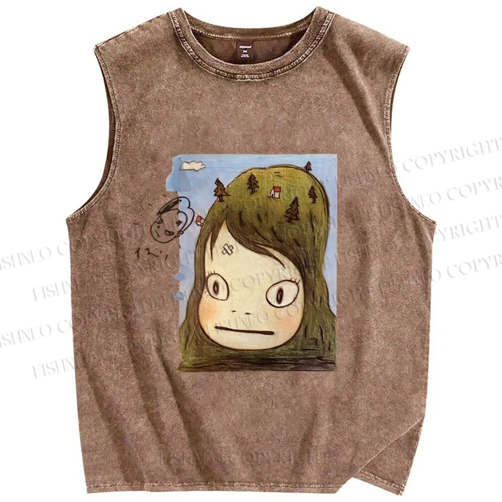 Unisex Japanese Art Yoshitomo Nara Graffiti Printed Washed Tank Top