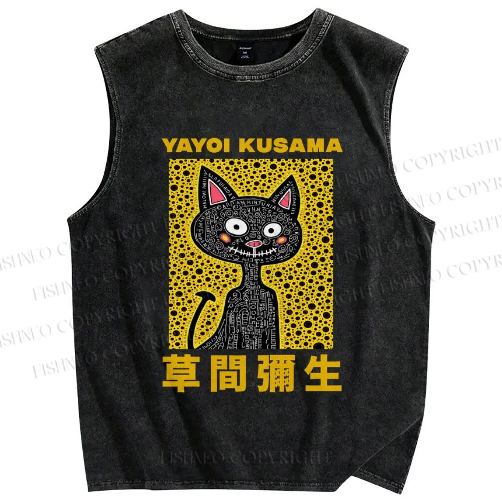Unisex Japanese Silly Cat Yayoi Kusama Printed Washed Tank Top
