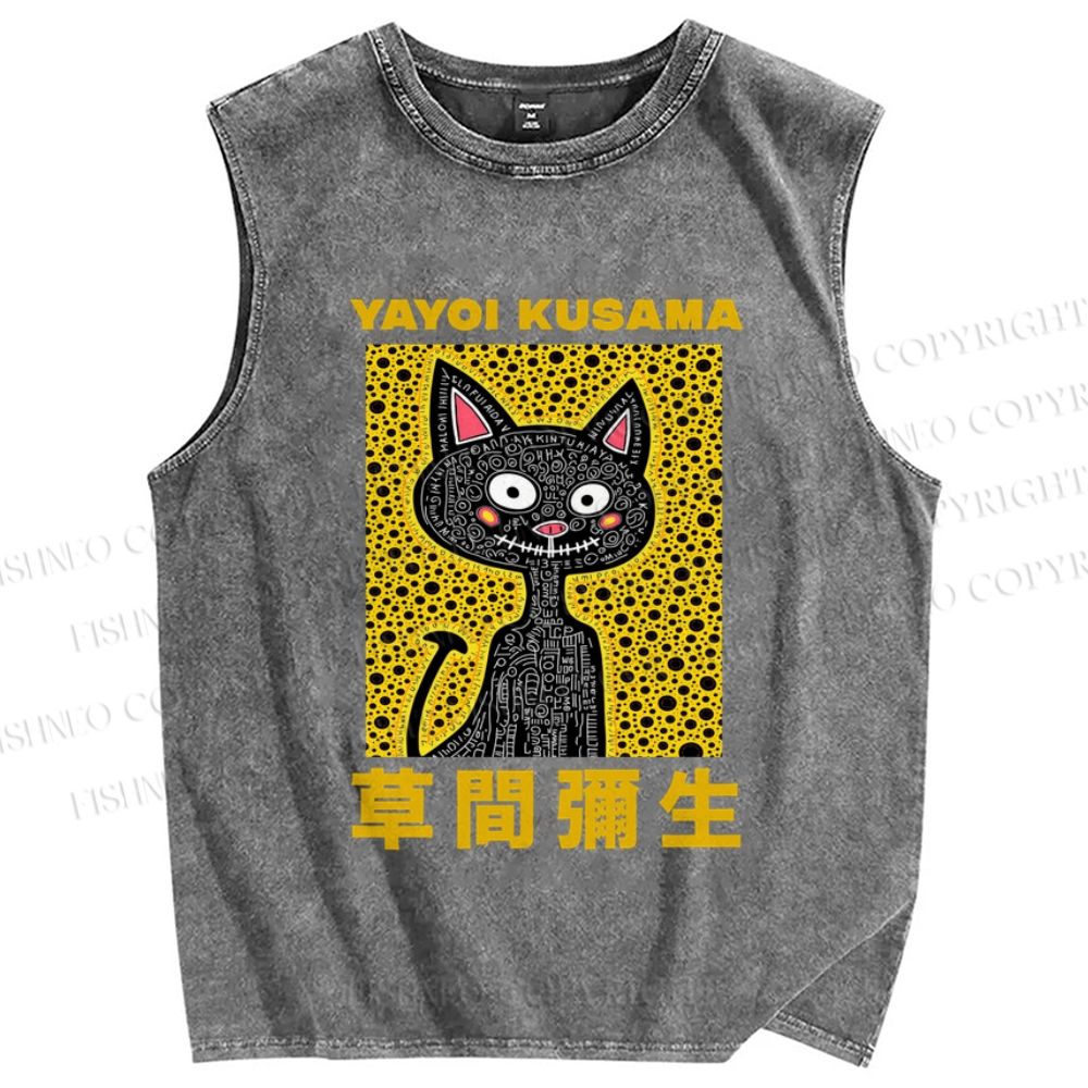 Unisex Japanese Silly Cat Yayoi Kusama Printed Washed Tank Top