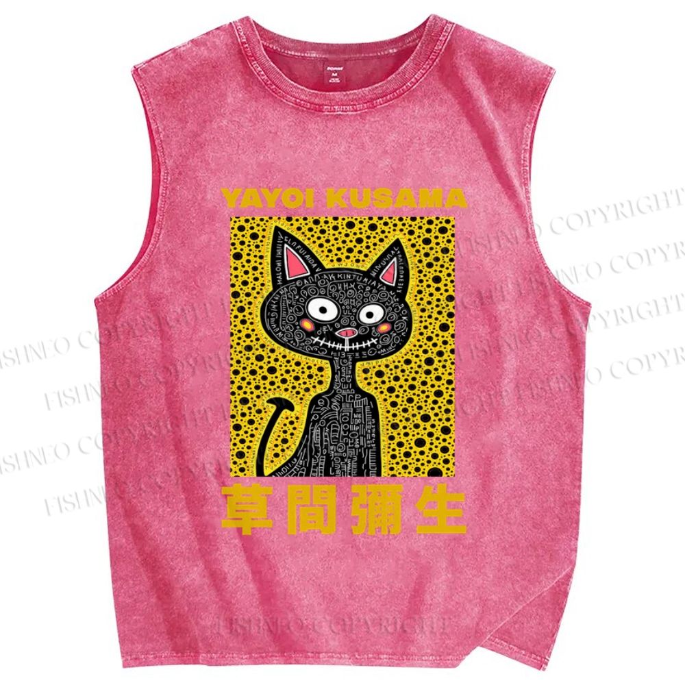 Unisex Japanese Silly Cat Yayoi Kusama Printed Washed Tank Top