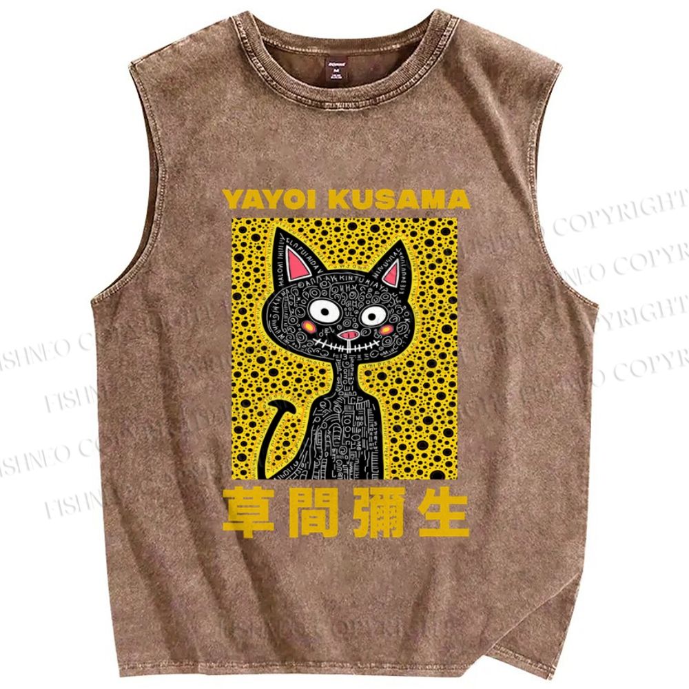 Unisex Japanese Silly Cat Yayoi Kusama Printed Washed Tank Top