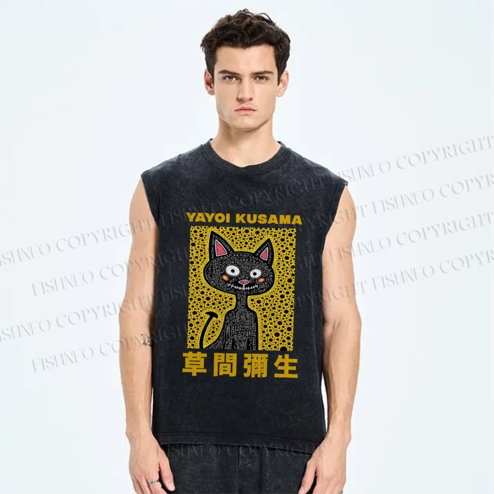 Unisex Japanese Silly Cat Yayoi Kusama Printed Washed Tank Top
