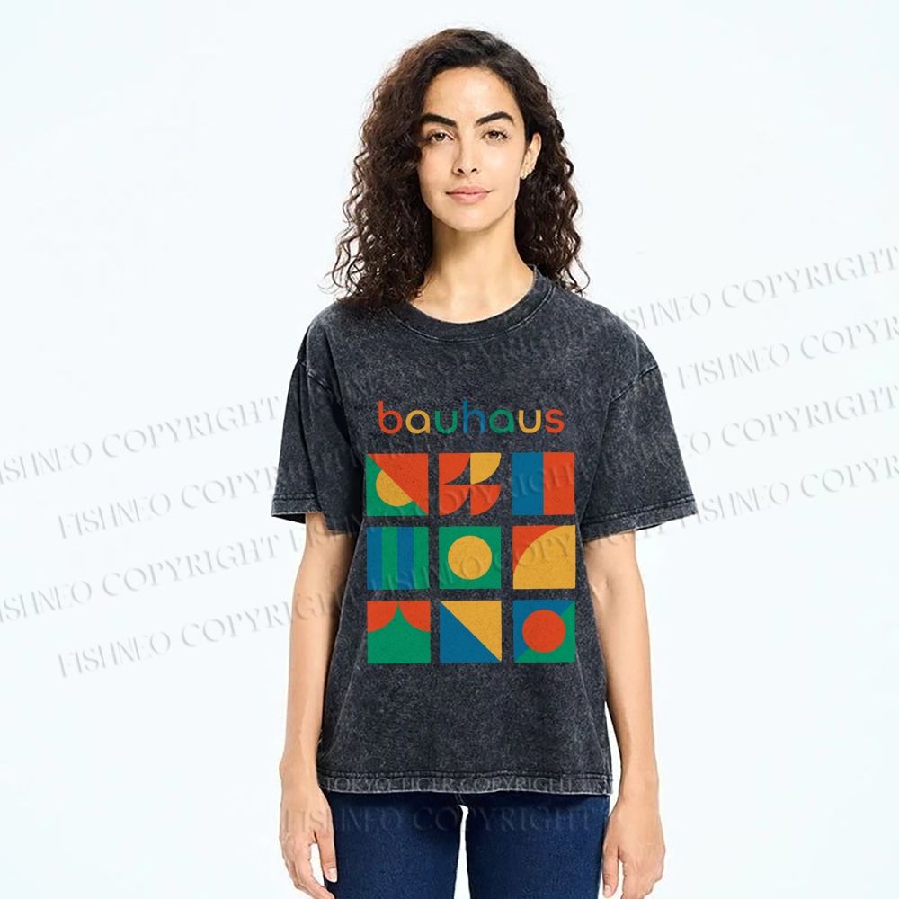 Unisex Colorful Bauhaus Design Printed Washed Tee