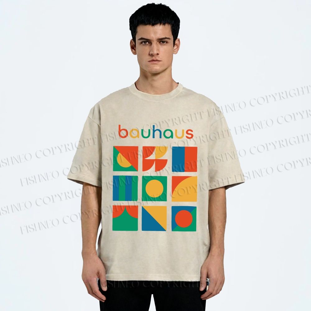 Unisex Colorful Bauhaus Design Printed Washed Tee