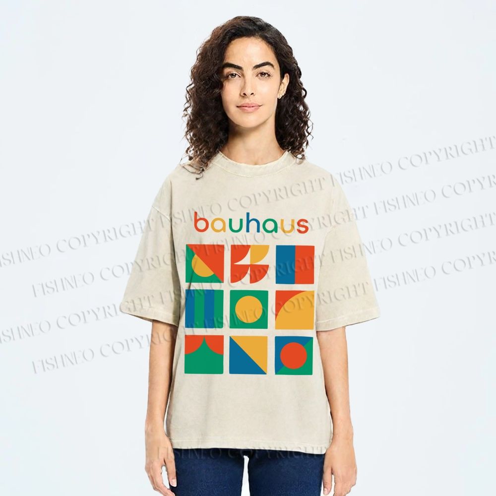 Unisex Colorful Bauhaus Design Printed Washed Tee