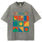 Unisex Colorful Bauhaus Design Printed Washed Tee