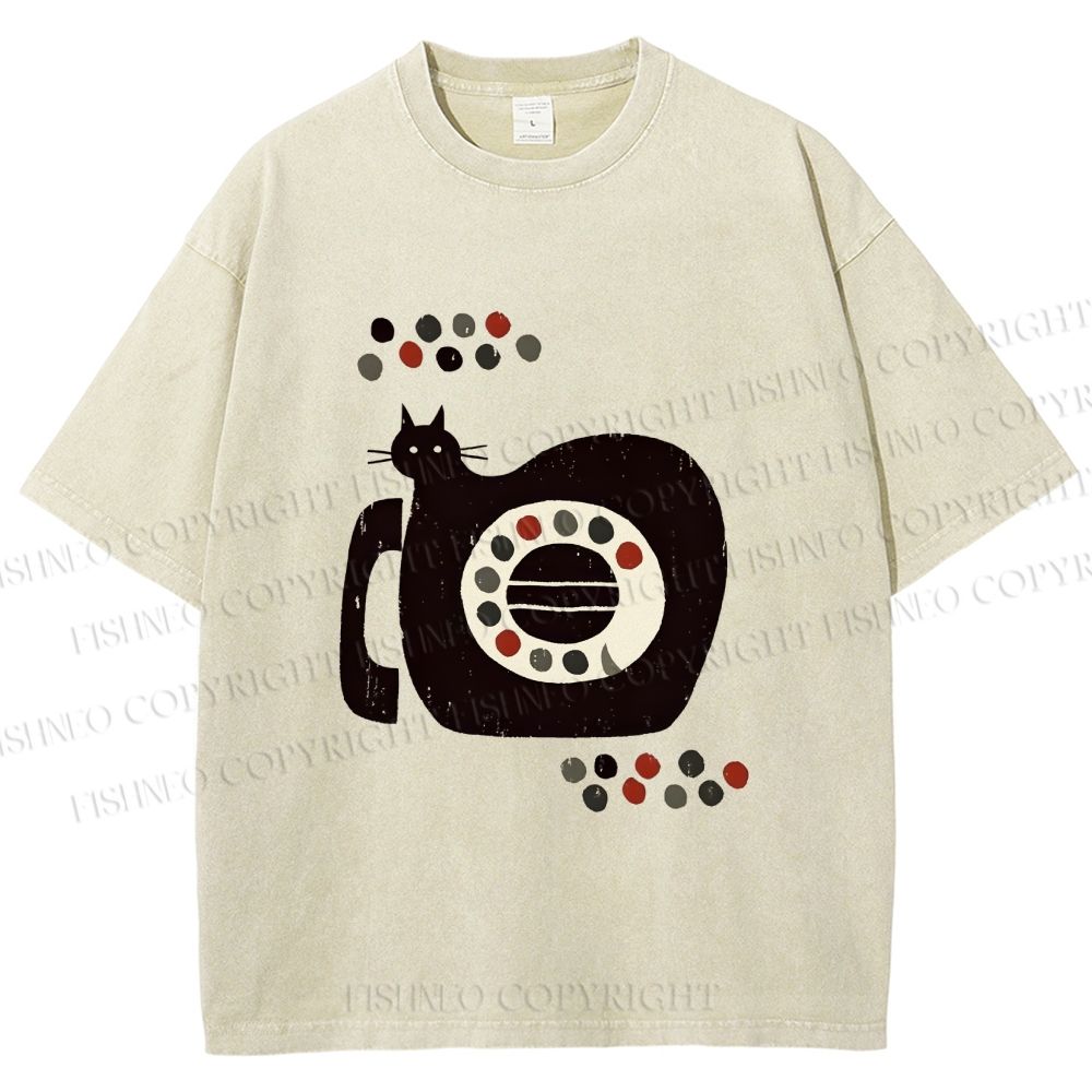 Unisex Vintage Silly Cat Phone Printed Washed Tee