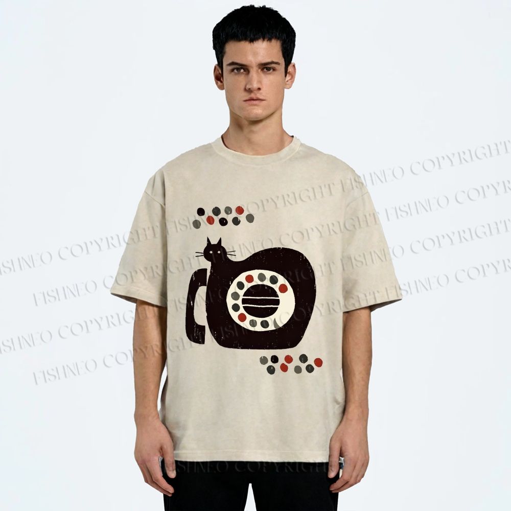 Unisex Vintage Silly Cat Phone Printed Washed Tee