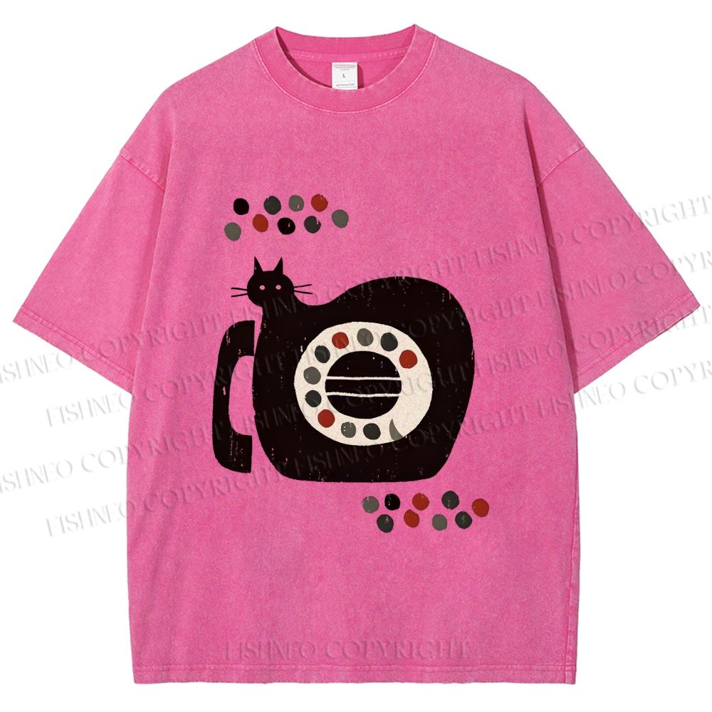 Unisex Vintage Silly Cat Phone Printed Washed Tee