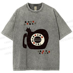 Unisex Vintage Silly Cat Phone Printed Washed Tee