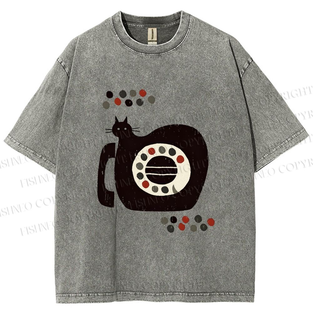 Unisex Vintage Silly Cat Phone Printed Washed Tee
