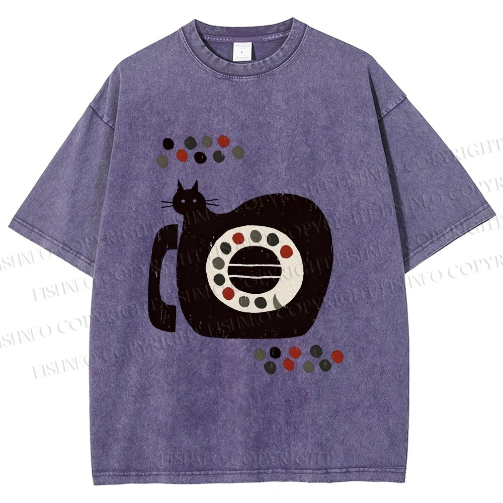 Unisex Vintage Silly Cat Phone Printed Washed Tee
